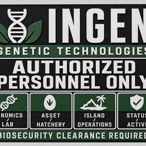 以下が含まれることがあります： INGEN GENETIC TECHNOLOGIES、AUTHORIZED PERSONNEL ONLY、BIOSECURITY CLEARANCE REQUIREDという白い文字が書かれた、黒と緑の長方形の看板。DNAヘリックス、卵、島、チェックマーク付きの盾のアイコンが含まれています。