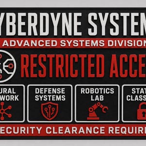 Puede incluir: Un letrero rectangular negro con texto e iconos en blanco y rojo. Se lee CYBERDYNE SYSTEMS, ADVANCED SYSTEMS DIVISION, RESTRICTED ACCESS, NEURAL NETWORK, DEFENSE SYSTEMS, ROBOTICS LAB, STATUS CLASSIFIED y SECURITY CLEARANCE REQUIRED.