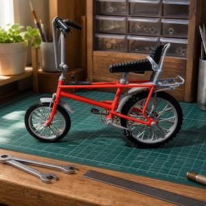 May include: A miniature red bicycle model featuring high-rise handlebars, a black banana seat, silver spoked wheels with black tires, and a rear rack. The bike includes a gear shifter on the frame and a small kickstand, displayed on a green mat.