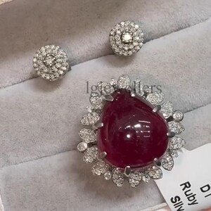 Natural Ruby Gemstone Jewelry Set, 925 Sterling Silver, Diamond Statement Ring With Stud Earring