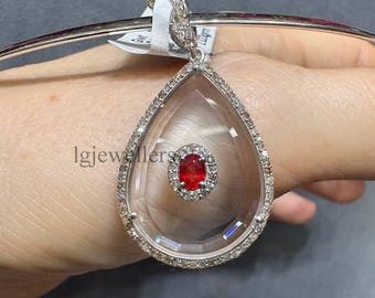 Natural Rock Crystal And Sapphire Gemstone, 925 Sterling Silver, Diamond Pave Pendant, Art Deco