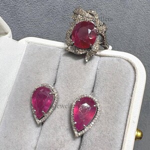 Natural Ruby Gemstone Jewelry Set, 925 Sterling Silver, Diamond Statement Ring With Stud Earring