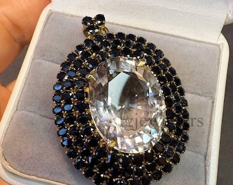 Natural Rock Crystal And Sapphire Gemstone, 925 Sterling Silver, Diamond Brooch And Pendant Jewelry
