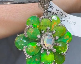 Green Fire Opal Flower Pendant, Sterling Silver, Diamond Accent Statement Necklace