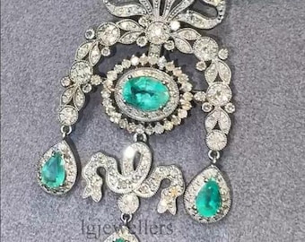 Natural Emerald Brooch-Pendant, 925 Sterling Silver, Diamond Brooch Gemstone Jewelry