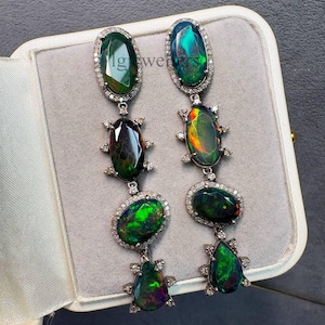 Natural Black Opals Gemstone Jewelry, 925 Sterling Silver, Diamond Drop And Dangle Stud Earrings