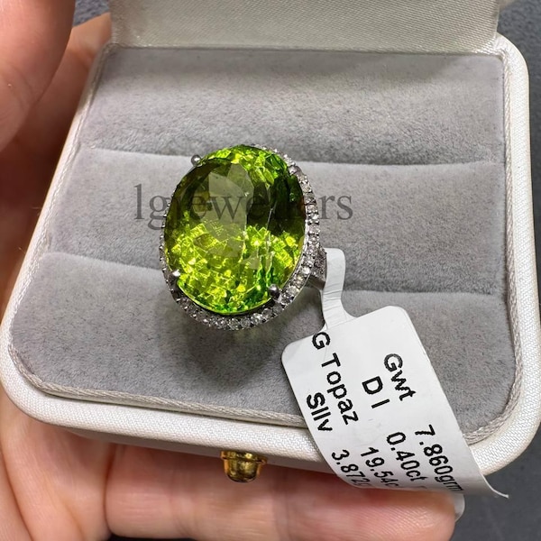 Natural Peridot Gemstone, 925 Sterling Silver, Art Deco Pave Jewelry, Diamond Statement Ring
