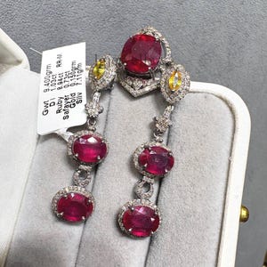 Natural Sapphire And Ruby Gemstone Jewelry, 925 Sterling Silver, Diamond Statement Ring With Drop Earrings