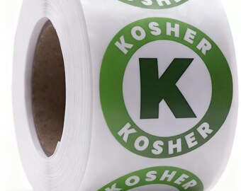Puede incluir: Un rollo de etiquetas adhesivas blancas con un borde circular verde, una letra K de color verde oscuro en el centro y la palabra KOSHER impresa en letras mayúsculas blancas en la parte superior e inferior del diseño circular de cada pegatina.