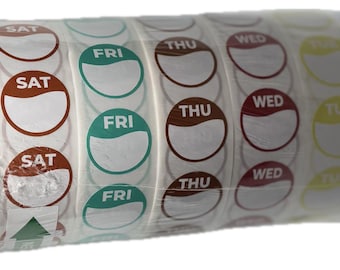 Puede incluir: Un rollo de etiquetas adhesivas circulares que muestran los días de la semana en varios colores, incluyendo negro para domingo, marrón para sábado, verde para viernes, marrón para jueves, rojo para miércoles, amarillo para martes y azul para lunes.