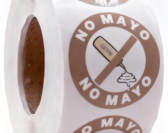 Puede incluir: Un rollo de pegatinas circulares adhesivas con fondo color canela y borde blanco. Cada pegatina muestra un gráfico de una botella exprimible etiquetada como MAYO con una línea diagonal y el texto NO MAYO impreso en letras blancas mayúsculas.