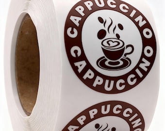Puede incluir: Un rollo de etiquetas adhesivas blancas circulares con un borde circular de color marrón oscuro y el texto CAPPUCCINO impreso en blanco. El centro de cada etiqueta muestra un gráfico marrón oscuro de una taza de café con vapor y granos.