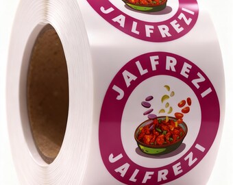 Puede incluir: Un rollo de etiquetas adhesivas circulares con un borde magenta y el texto JALFREZI impreso en blanco. El centro de cada etiqueta muestra una colorida ilustración de un cuenco de curry Jalfrezi con ingredientes flotantes.