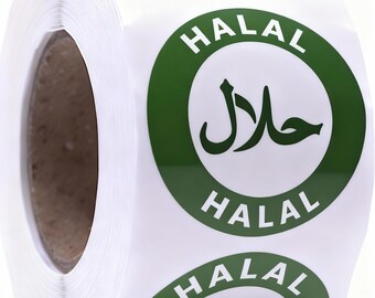 Puede incluir: Un rollo de etiquetas adhesivas blancas con un borde circular verde, que presenta la palabra HALAL impresa en letras mayúsculas blancas y la escritura árabe correspondiente en verde dentro del círculo, dispuestas en una tira vertical continua.