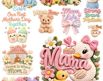 Mother’s Day PNG Bundle | Cozy Crochet & Yarn Quotes | Floral Mom Life | Faux Yarn Bows | First Mother’s Day | Sublimation Designs