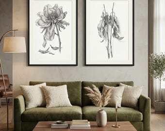 Set of 2 Botanical Wall Art Prints, Vintage Botanical Art, Hand Drawn Floral Sketch Printable, Minimalist Flower Decor, Digital Art, 300 DPI