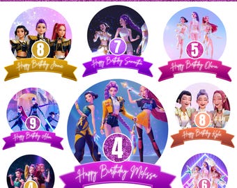 K-Pop Demon Hunters Cake Topper PNG | 8 Huntrix Cake & Cupcake Toppers | Kpop Demon Hunter Birthday Party Decorations | Editable PNG Bundle