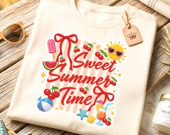 Striped Sweet Summer Time PNG | Floral cherry Summer T-shirt Graphic | Cherry Coquette PNG Sublimation Design | 300 DPI | Digital Download