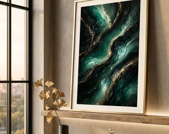 Emerald Green Abstract Wall Art, Luxury Oil Painting, Modern Minimalist Vertical Print, Cozy Wall Decor, Digital Print, Instant Download