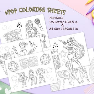 May include: A collection of KPOP coloring sheets featuring line art illustrations of characters, microphones, disco balls, and food items. The text reads KPOP COLORING SHEETS, PRINTABLE US Letter 11x8.5 in. & A4 Size 11.69x8.7 in., and KPOP DEMON HUNTERS.