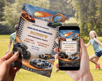 Leuke auto, wielen, sjabloon verjaardagsuitnodiging raceauto met gratis activiteitenblad, bewerkbare Canva-feestuitnodiging (digitale download)