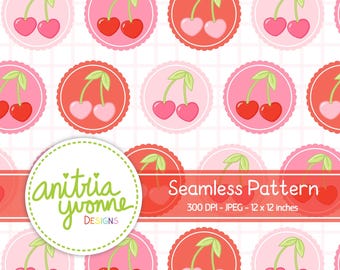 Valentine Seamless Pattern, Cherry Seamless Pattern, Valentine Repeat Pattern, Cherry Hearts Seamless Pattern, Valentine Background