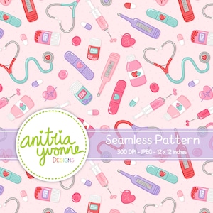 May include: A seamless pattern featuring a variety of medical-themed illustrations on a pink background. The pattern includes hearts, pills, bandages, thermometers, syringes, and stethoscopes. The text "LOVED" appears on some of the thermometers.
