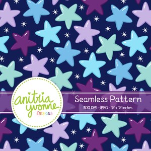 Star Seamless Pattern, Purple and Blue Seamless Pattern, Star Repeat Pattern, Star Background, Hand Drawn Stars, Multicolor Star Pattern