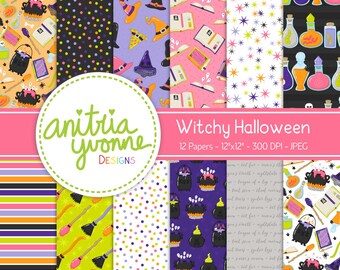 Peut inclure: Un ensemble de 12 papiers numériques sur le thème d'Halloween sorcière. Les papiers comprennent divers motifs avec des chapeaux de sorcières, des chaudrons, des balais, des étoiles, des potions et des livres. Les papiers mesurent 30,5 cm sur 30,5 cm et 300 DPI.