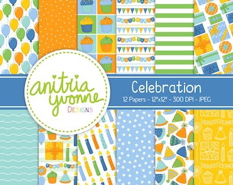 Celebration Digital Paper, Party Designs, Birthday Design, Celebration Papers, Birthday Backgrounds, Party Patterns, Commercial Use