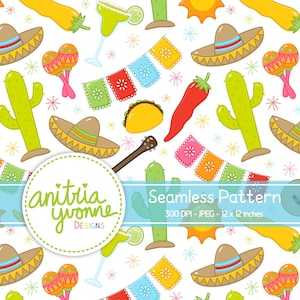 May include: A seamless pattern featuring a variety of colorful Mexican fiesta elements, including maracas, sombreros, cacti, tacos, chili peppers, and a guitar. The pattern is set against a white background and includes a blue banner with the text "Seamless Pattern 300 DPI - JPEG - 12 x 12 inches".