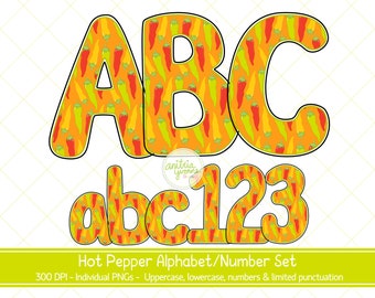 Hot Pepper Alphabet, Hot Pepper Sublimationsbuchstaben, voll druckbares Alphabet, Png Buchstaben, Png Zahlen, Hot Pepper Buchstaben, Fiesta Buchstaben