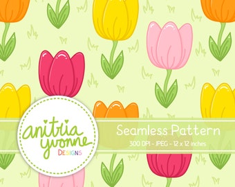 Spring Flowers Seamless Pattern, Floral Seamless Pattern, Flower Repeat Pattern, Tulip Pattern, Tulip Print, Floral Repeat Pattern