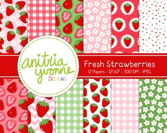 Erdbeere Digitales Papier, Gingham Designs, Obst Design, Erdbeermuster, Obst Papier, Polka Dots, Erdbeer Hintergründe, kommerzielle Nutzung