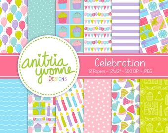 Celebration Digital Paper, Party Designs, Birthday Design, Celebration Papers, Birthday Backgrounds, Party Patterns, Commercial Use
