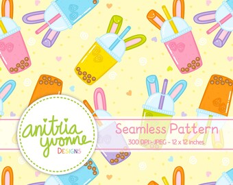 Easter Seamless Pattern, Boba Seamless Pattern, Easter Repeat Pattern, Easter Bunny, Easter Boba Seamless Background, Digital Download