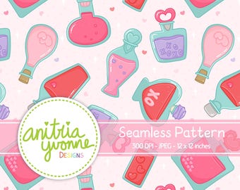 Valentine Seamless Pattern, Love Potion Seamless Pattern, Valentine Repeat Pattern, Love Potion Repeat Pattern, Valentine Background