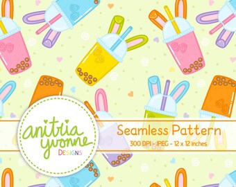 Easter Seamless Pattern, Boba Seamless Pattern, Easter Repeat Pattern, Easter Bunny, Easter Boba Seamless Background, Digital Download