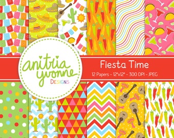 Fiesta Digital Paper, Party Designs, Fiesta Design, Birthday Design, Celebration Papers, Party Banner Backgrounds, Taco Digital Patterns