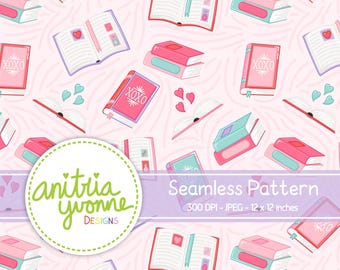 Valentine Seamless Pattern, Book Lover Seamless Pattern, Valentine Repeat Pattern, Book Seamless Pattern, Book Background, Book Valentine