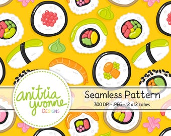 Könnte beinhalten: Ein nahtloses Muster mit verschiedenen Arten von Sushi-Rollen, darunter Lachs-, Garnelen- und Gemüse-Rollen. Der Hintergrund ist in einem leuchtenden Gelb gehalten, und die Sushi-Rollen sind im Cartoon-Stil illustriert.
