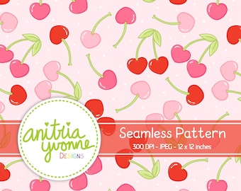 Valentine Seamless Pattern, Cherry Seamless Pattern, Valentine Repeat Pattern, Cherry Hearts Seamless Pattern, Valentine Background