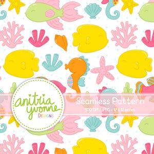 May include: Seamless pattern featuring a variety of colourful sea creatures, including fish, seahorses, starfish, and coral. The background is white with small blue dots.