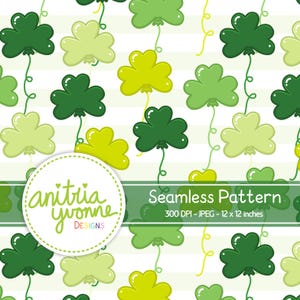 May include: A seamless pattern featuring green shamrock balloons on a white background with green and white stripes. The pattern is 12 inches by 12 inches and 300 DPI.