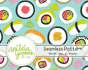 Könnte beinhalten: Ein nahtloses Muster mit verschiedenen Arten von Sushi-Rollen auf hellblauem Hintergrund. Die Rollen sind im Cartoon-Stil mit verschiedenen Füllungen und Belägen illustriert, darunter Lachs, Avocado, Gurke und Garnelen. Das Muster ist perfekt, um lustige und farbenfrohe Designs für Stoffe, Geschenkpapier oder andere kreative Projekte zu erstellen.
