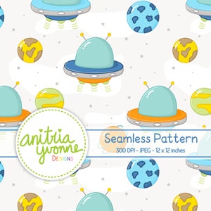 May include: A seamless pattern featuring blue and green spaceships, yellow and green planets, and blue and white spotted planets on a white background with small white stars. The text "Seamless Pattern 300 DPI - JPEG - 12 x 12 inches" is at the bottom of the image.