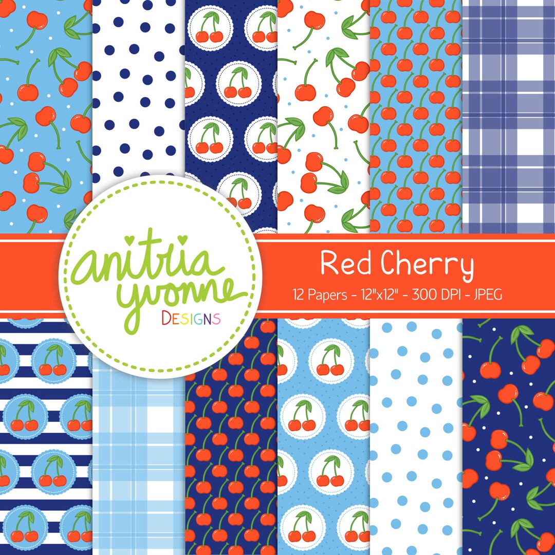 Cherry Digital Paper, Plaid Designs, Fruit Design, Cherry Pattern ...