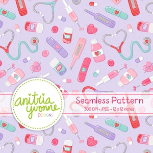 Nursing Seamless Pattern, Valentine Seamless Pattern, Medical Repeat Pattern, Medical Nursing Background, Digital Download