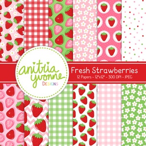 May include: Twelve digital paper designs featuring various patterns with strawberries, gingham, polka dots, and flowers. The papers are 12 inches by 12 inches and 300 DPI.