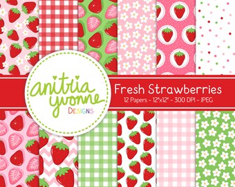 Strawberry Digital Paper, Gingham Designs, Fruit Design, Strawberry Pattern, Fruit Paper, Polka Dots, Strawberry Backgrounds, Commercial Use